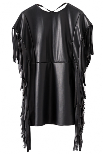 Black PU Tassel Embellished V-Back Dress - Beautifulhalo.com