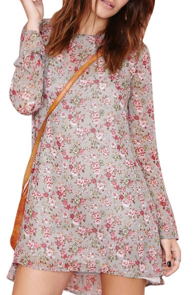 Gray Background Pink Floral Print Long Sleeve Swing Dress