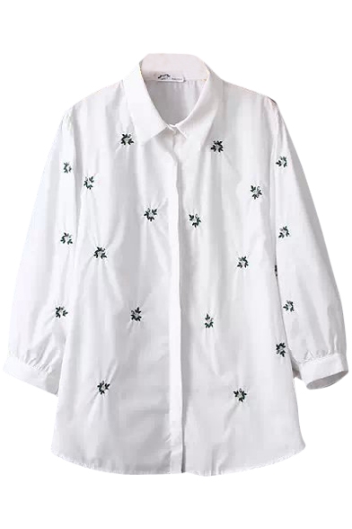 Lapel 3/4 Sleeve Floral Embroidery White Shirt