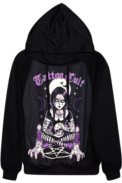 Purple Witch&Skull Print Black Hoodie