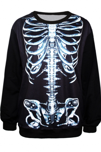 Trendy Unique Skeleton Print Black Sweatshirt