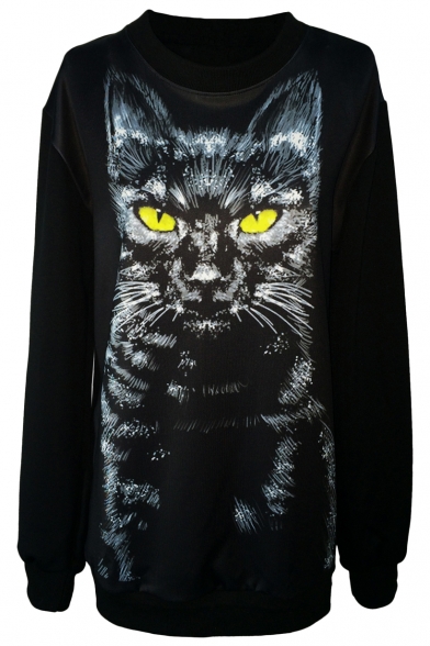 Yellow Eyed Cat Print Black Sweatshirt