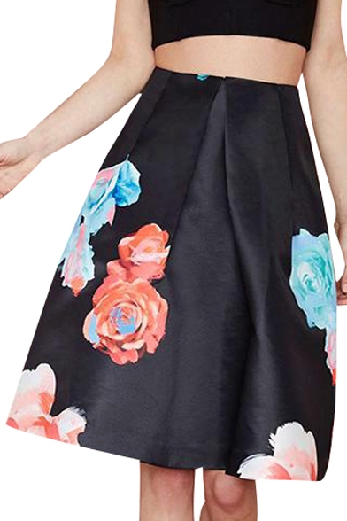 Black Background Floral Print Pleated Fitted Fit And Flare Skirt