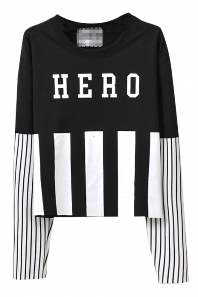 Hero Print Round Neck Stripe Long Sleeve T-Shirt
