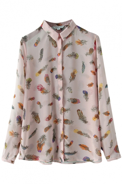 Lapel Fashionable Colorful Feathers Print Shirt