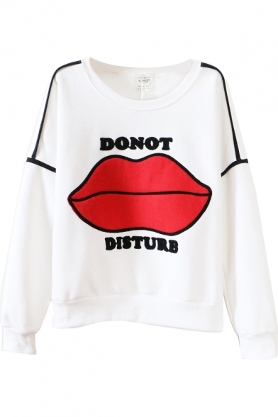 Letter&Red Lips Embroidered Batwing Sleeve Sweatshirt