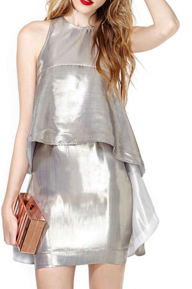 Silver Shining Futuristic Style Ruffle Detail Sleeveless Sheath Dress