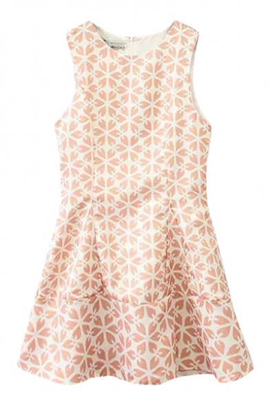 Snowflake Print Round Neck Sleeveless Fit And Flare Dress
