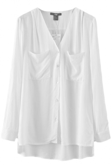 V-Neck Double Pockets Front Step Hem White Shirt