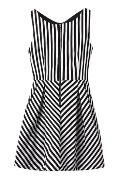 V-Neck Sleeveless Vertical&Inclineed Stripe Pattern Dress ...