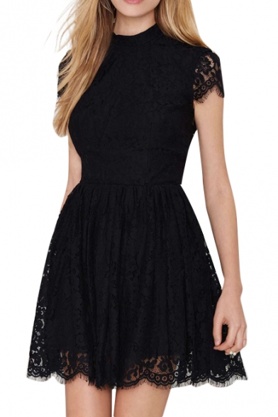 Backless Short Sleeve A-line Black Lace Dress