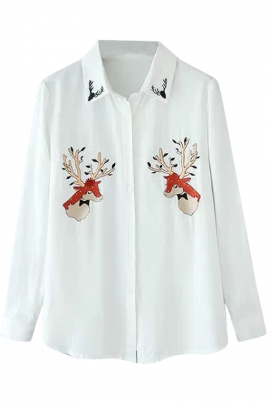 Beer Embroidered Long Sleeve Buttons White Shirt
