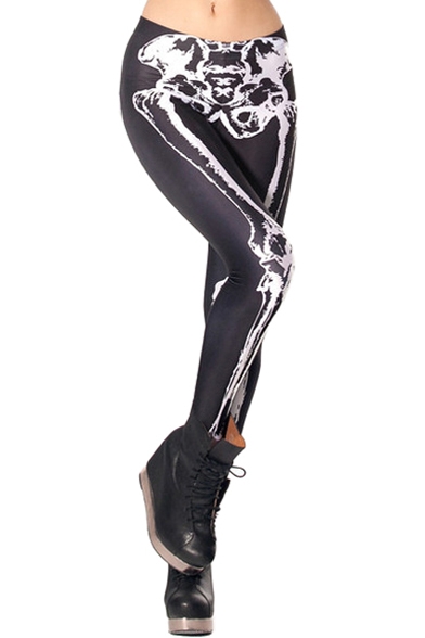 Cool Baroque Style Skeleton Print Elastic Waist Leggings