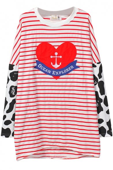 Cow Pattern&Stripes&Heart Print Loose T-Shirt
