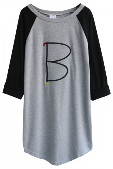 Embroidered B Round Neck Long Sleeve Tunic Tee