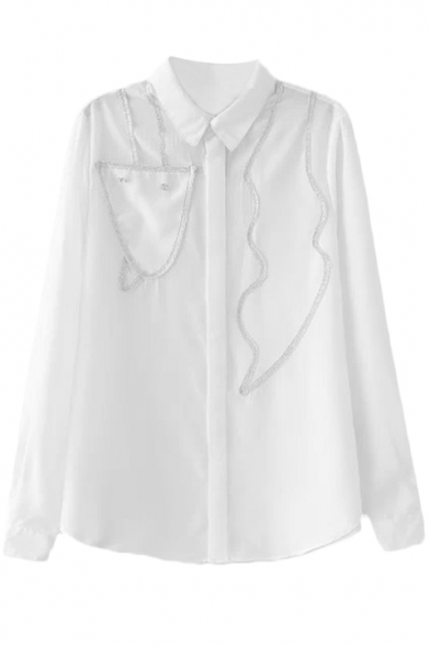 Golden Silver Wires Panel Long Sleeve Lapel Chiffon Blouse
