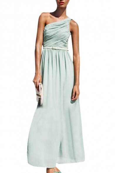 Plain Ruched Detail Chiffon Longline One-Shoulder Dress