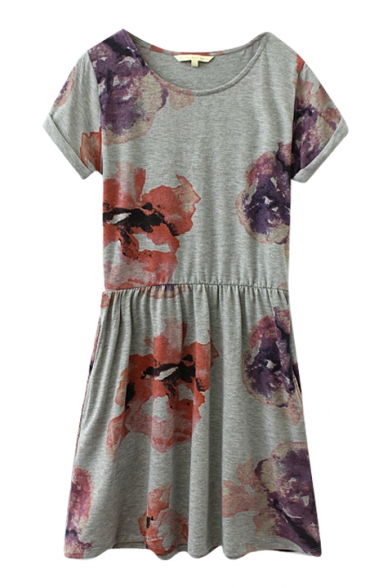 Red&Purple Flower Print Gray A-line Dress