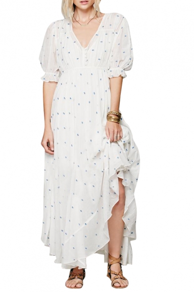 Sweet High Waist Short Puff Sleeve Princess Style White Ruffle Longline Dress