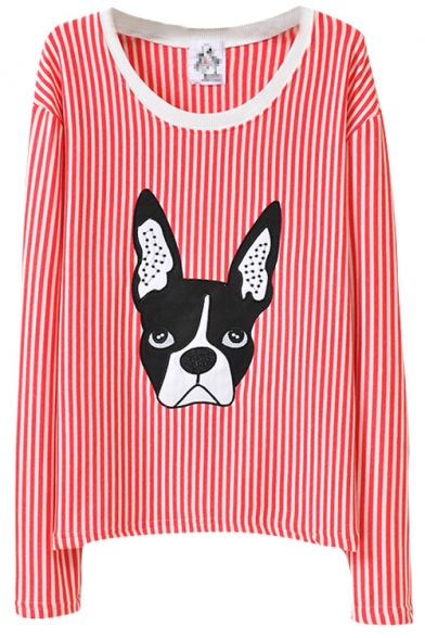 Thin Vertical Stripe&Dog Embroidered Sweatshirt