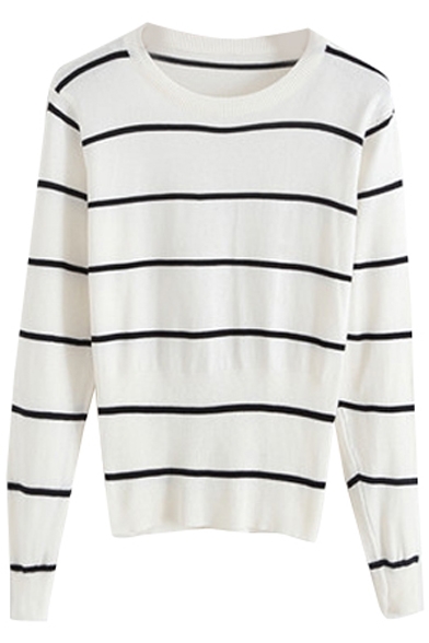 White Striped Round Neck Long Sleeve Fitted Knitted Sweater
