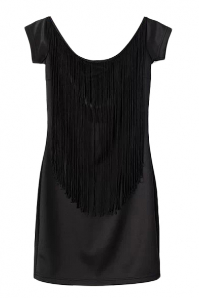 Black Open Back Short Sleeve Tassel Panel Skinny Dress