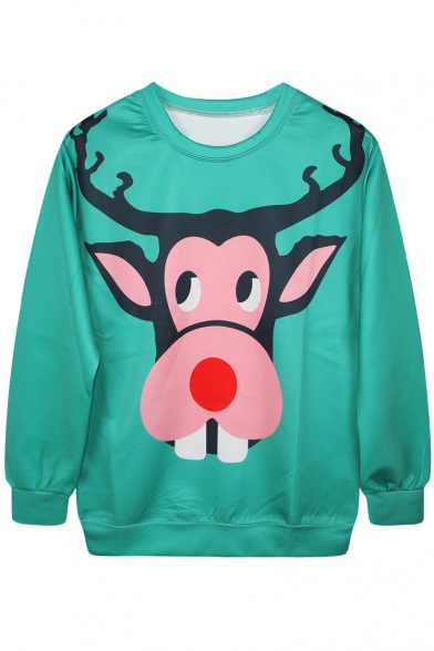 Cartoon Deer Print Green Sweatshirt