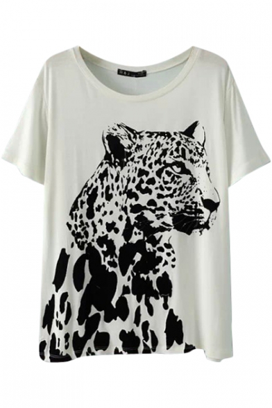 Cream Background Black Leopard Print T-Shirt