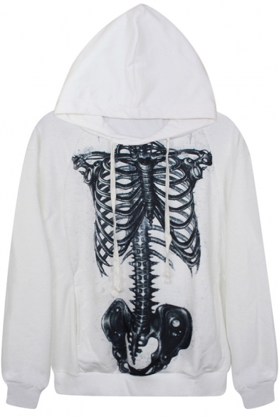 Halloween Skeleton Print Casual Hoodie with Drawstring