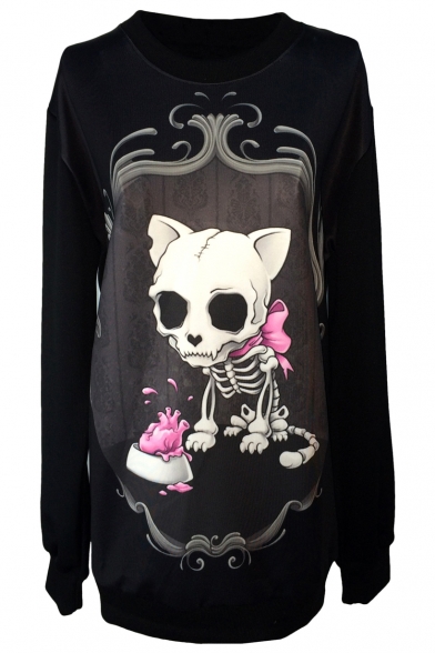Mirror&Skeleton Doggy Print Black Slim Sweatshirt
