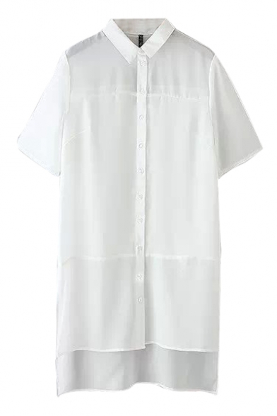 Plain Lapel Illusion Style Short Sleeve Step Hem Maxi Shirt