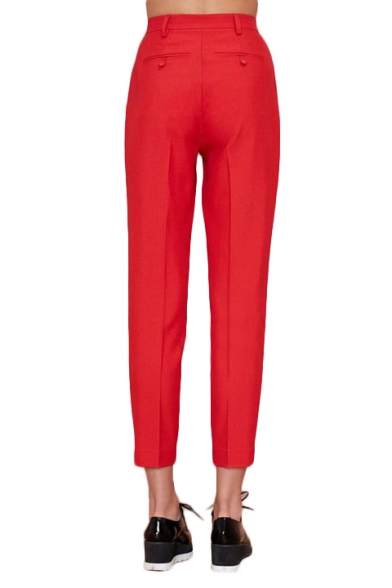 Red Office Lady High Waist Plain Crop Pants - Beautifulhalo.com