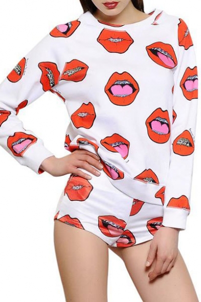 White Background Round Neck long Sleeve Mouth Pattern T-Shirt