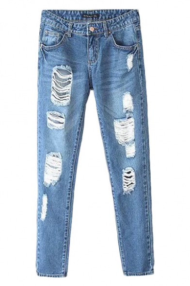 Blue Ripped Light Wash Pockets Zippered Laid Busted Jeans