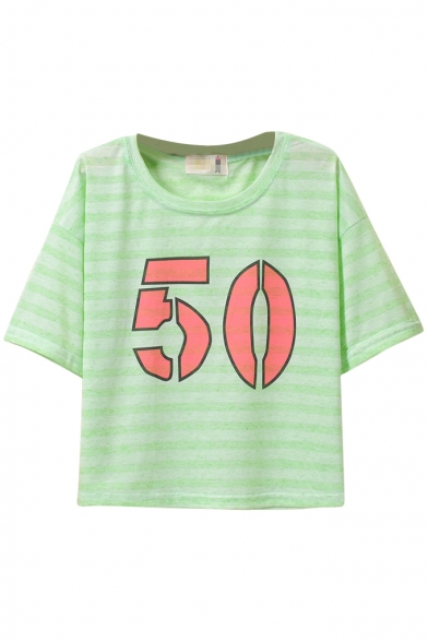 Candy Color Letter Print Round Neck Crop T-Shirt