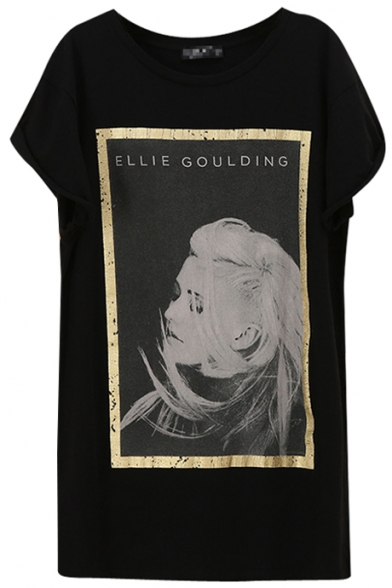 Gilding Frame Female Singer Print Short Sleeve T-Shirt