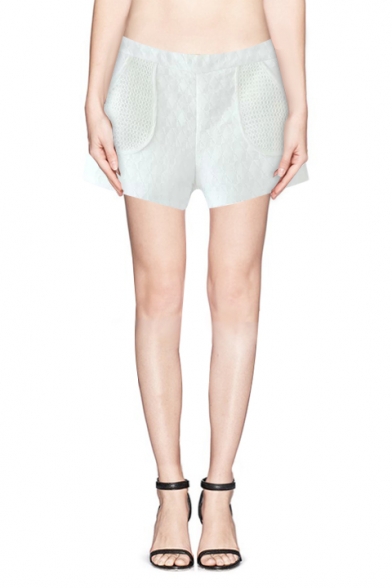 High Waist Plain Mesh Panel Pockets Shorts