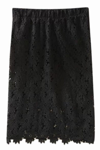 Lace Crochet Elastic Waist High Rise Plain Skirt