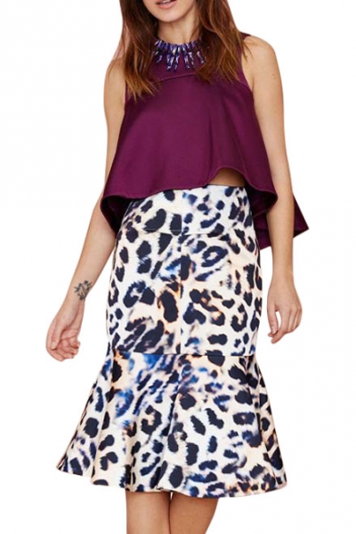 Leopard Print High Waist Ruffle Hem Flare Skirt