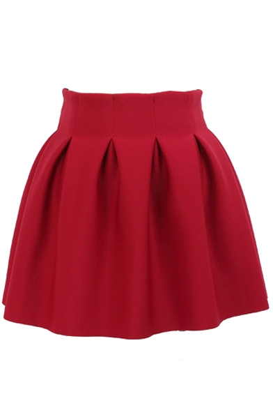 Plain Pleated Cotton Mini Skirt with Elastic Waist - Beautifulhalo.com
