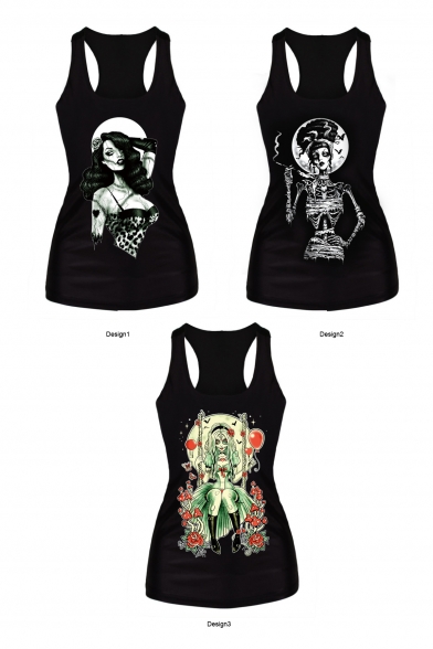 Sexy Lady&Little Girl Witch&Smoking Witch Print Black Tanks