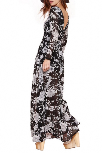 Delicate Chrysanthemum Print V-Back Side Split Maxi Ladylike Dress