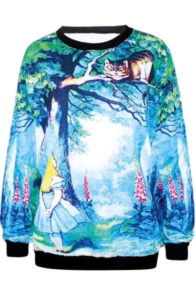 Fairy Tale Style Fields&Girl&Cat Print Sweatshirt