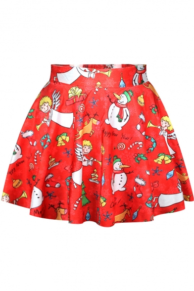 Hot Christmas Party Theme Print Pleated Mini Skirt