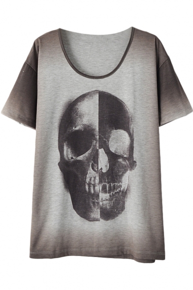 Ombre Skull Print Round Neck Short Sleeve T-Shirt
