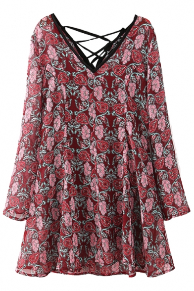 V-Back String UP Two Piece Style Red Floral Print Dress