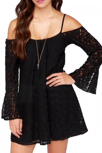 Black Lace Insert Flare Long Sleeve Boat Neck Fitted Dress ...