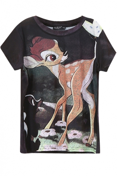 Burnout Style Cute Deer Print T-Shirt