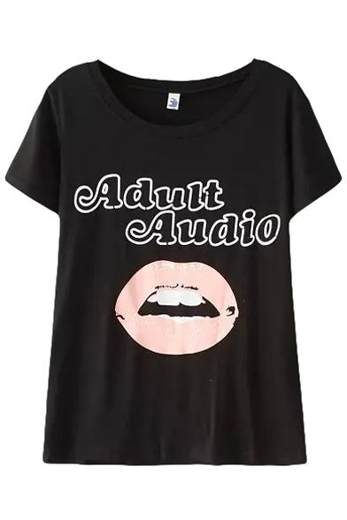 Lip Letter Pattern Fitted Tee with Short Sleeve