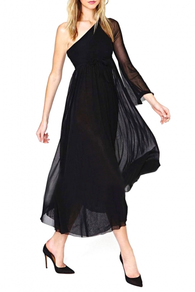 One-Shoulder Design Vintage Sheer Sleeve Midi Length Black Dress